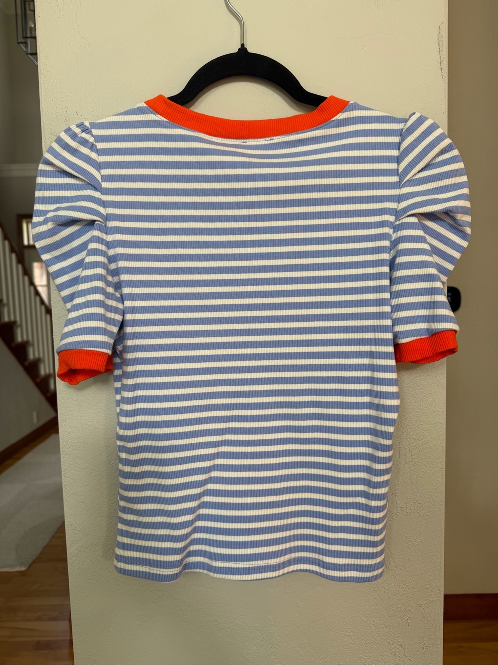 Anthropologie Maeve Blue-and-White Striped Puff-Sleeve Tee with Orange Trim - Picture 4 of 5